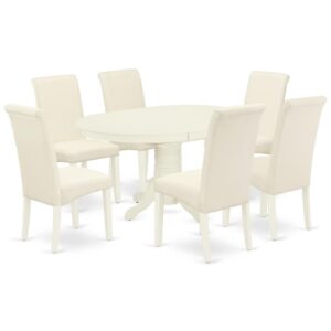The gorgeous AVBA7-LWH-01 dinette set includes a medium size dining table and six parson chairs brings an affectionate family feeling in the kitchen space. A cozy and luxurious linen white color offers any dining-room a relaxing and friendly feel with this particular kitchen table. The oval shape table features a pedestal base that will furnish your dining area with a sophisticated look. With a soft rounded bevel at the edge of the table top