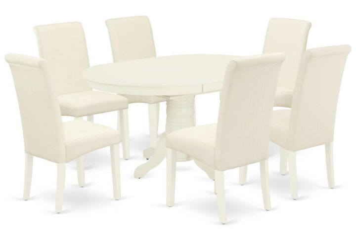 The gorgeous AVBA7-LWH-01 dinette set includes a medium size dining table and six parson chairs brings an affectionate family feeling in the kitchen space. A cozy and luxurious linen white color offers any dining-room a relaxing and friendly feel with this particular kitchen table. The oval shape table features a pedestal base that will furnish your dining area with a sophisticated look. With a soft rounded bevel at the edge of the table top