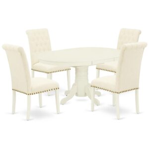 The gorgeous AVBR5-LWH-02 dinette set includes a medium size dining table and four parson chairs brings an affectionate family feeling in the kitchen space. A cozy and luxurious linen white color offers any dining-room a relaxing and friendly feel with this particular kitchen table. The oval shape table features a pedestal base that will furnish your dining area with a sophisticated look. With a soft rounded bevel at the edge of the table top