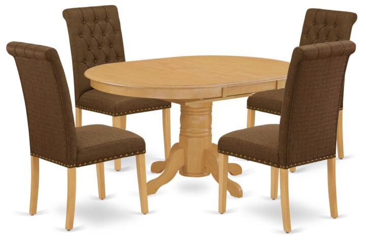The gorgeous AVBR5-OAK-18 dinette set includes a medium size dining table and four parson chairs brings an affectionate family feeling in the kitchen space. A comfy and elegant Oak color offers any dining-room a relaxing and friendly feel with this particular kitchen table. The oval shape table features a pedestal base that will furnish your dining area with a sophisticated look. With a soft rounded bevel at the edge of the table top