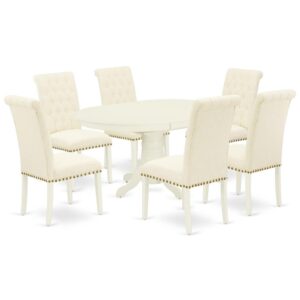 The gorgeous AVBR7-LWH-02 dinette set includes a medium size dining table and six parson chairs brings an affectionate family feeling in the kitchen space. A cozy and luxurious linen white color offers any dining-room a relaxing and friendly feel with this particular kitchen table. The oval shape table features a pedestal base that will furnish your dining area with a sophisticated look. With a soft rounded bevel at the edge of the table top
