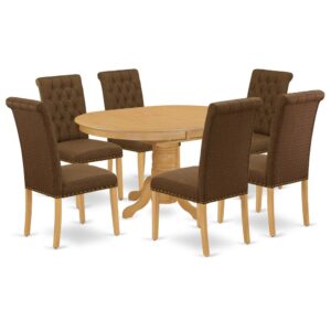 The gorgeous AVBR7-OAK-18 dinette set includes a medium size dining table and six parson chairs brings an affectionate family feeling in the kitchen space. A comfy and elegant Oak color offers any dining-room a relaxing and friendly feel with this particular kitchen table. The oval shape table features a pedestal base that will furnish your dining area with a sophisticated look. With a soft rounded bevel at the edge of the table top