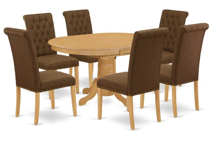 The gorgeous AVBR7-OAK-18 dinette set includes a medium size dining table and six parson chairs brings an affectionate family feeling in the kitchen space. A comfy and elegant Oak color offers any dining-room a relaxing and friendly feel with this particular kitchen table. The oval shape table features a pedestal base that will furnish your dining area with a sophisticated look. With a soft rounded bevel at the edge of the table top
