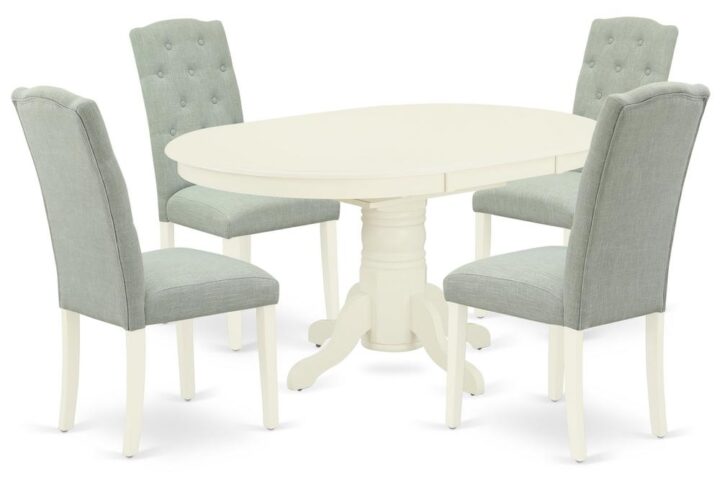 The gorgeous AVCE5-LWH-15 dinette set includes a medium size dining table and four parson chairs brings an affectionate family feeling in the kitchen space. A comfy and luxurious Linen White color offers any dining-room a relaxing and friendly feel with this particular kitchen table. The oval shape table features a pedestal base that will furnish your dining area with a sophisticated look. With a soft rounded bevel at the edge of the table top