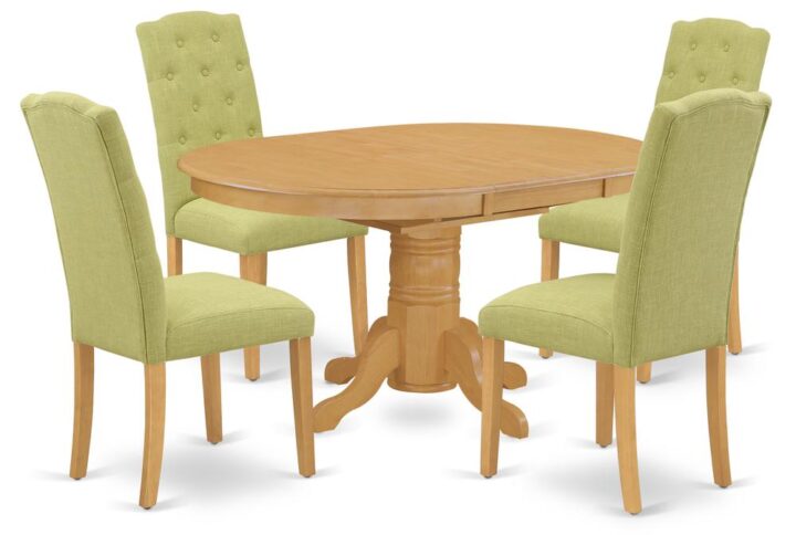 The gorgeous AVCE5-OAK-07 dinette set includes a medium size dining table and four parson chairs brings an affectionate family feeling in the kitchen space. A comfy and elegant Oak color offers any dining-room a relaxing and friendly feel with this particular kitchen table. The oval shape table features a pedestal base that will furnish your dining area with a sophisticated look. With a soft rounded bevel at the edge of the table top