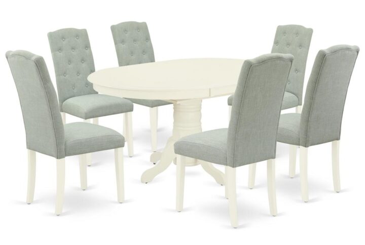 The gorgeous AVCE7-LWH-15 dinette set includes a medium size dining table and six parson chairs brings an affectionate family feeling in the kitchen space. A comfy and luxurious Linen White color offers any dining-room a relaxing and friendly feel with this particular kitchen table. The oval shape table features a pedestal base that will furnish your dining area with a sophisticated look. With a soft rounded bevel at the edge of the table top