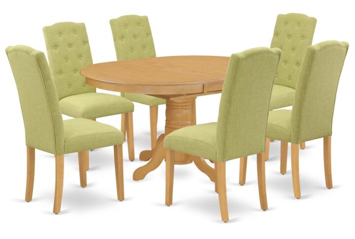 The gorgeous AVCE7-OAK-07 dinette set includes a medium size dining table and six parson chairs brings an affectionate family feeling in the kitchen space. A comfy and elegant Oak color offers any dining-room a relaxing and friendly feel with this particular kitchen table. The oval shape table features a pedestal base that will furnish your dining area with a sophisticated look. With a soft rounded bevel at the edge of the table top