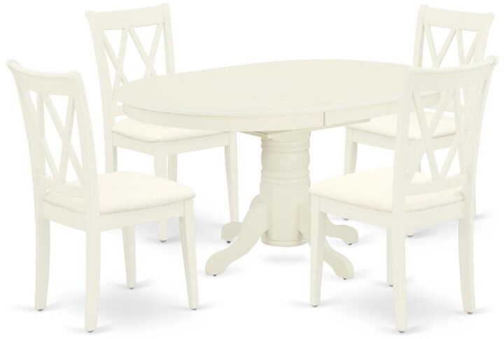 The gorgeous AVCL5-LWH-C dinette set includes a medium size dining table and four kitchen chairs brings an affectionate family feeling in the kitchen space. A comfy and luxurious Linen White color offers any dining-room a relaxing and friendly feel with this particular kitchen table. The oval shape table features a pedestal base that will furnish your dining area with a sophisticated look. With a soft rounded bevel at the edge of the table top