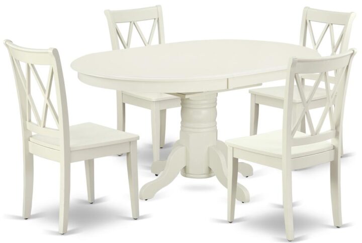 The AVCL5-LWH-W kitchen dinette set brings an affectionate family feeling in the kitchen space. A comfy and luxurious Linen White color offers any dining area a relaxing and friendly feel with the medium dinette table. The Oval Shaped table features a pedestal base that will furnish your dining area with a sophisticated look. With a soft rounded bevel at the edge of the table top
