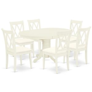 The gorgeous AVCL7-LWH-C dinette set includes a medium size dining table and six kitchen chairs brings an affectionate family feeling in the kitchen space. A comfy and luxurious Linen White color offers any dining-room a relaxing and friendly feel with this particular kitchen table. The oval shape table features a pedestal base that will furnish your dining area with a sophisticated look. With a soft rounded bevel at the edge of the table top
