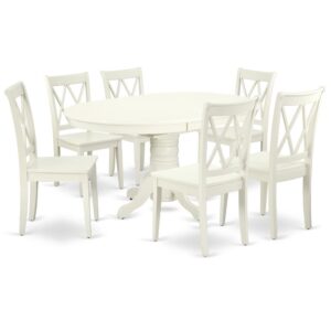 The AVCL7-LWH-W kitchen dinette set brings an affectionate family feeling in the kitchen space. A comfy and luxurious Linen White color offers any dining area a relaxing and friendly feel with the Medium dinette table. The Oval Shaped table features a pedestal base that will furnish your dining area with a sophisticated look. With a soft rounded bevel at the edge of the table top