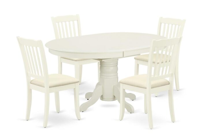 The gorgeous AVDA5-LWH-C dinette set includes a medium size dining table and four kitchen chairs brings an affectionate family feeling in the kitchen space. A comfy and luxurious Linen White color offers any dining-room a relaxing and friendly feel with this particular kitchen table. The oval shape table features a pedestal base that will furnish your dining area with a sophisticated look. With a soft rounded bevel at the edge of the table top