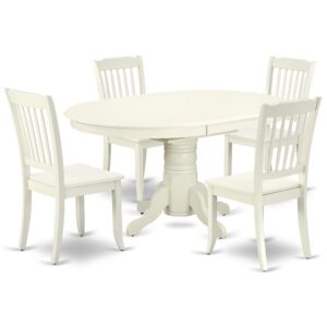 The AVDA5-LWH-W kitchen dinette set brings an affectionate family feeling in the kitchen space. A comfy and luxurious Linen White color offers any dining area a relaxing and friendly feel with the medium dinette table. The Oval Shaped table features a pedestal base that will furnish your dining area with a sophisticated look. With a soft rounded bevel at the edge of the table top