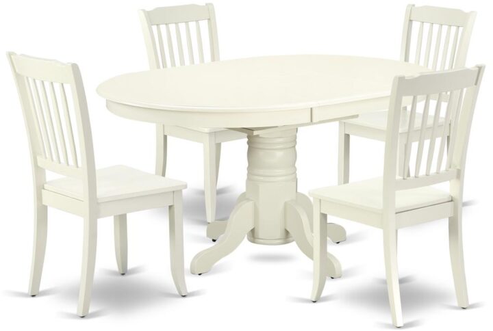 The AVDA5-LWH-W kitchen dinette set brings an affectionate family feeling in the kitchen space. A comfy and luxurious Linen White color offers any dining area a relaxing and friendly feel with the medium dinette table. The Oval Shaped table features a pedestal base that will furnish your dining area with a sophisticated look. With a soft rounded bevel at the edge of the table top