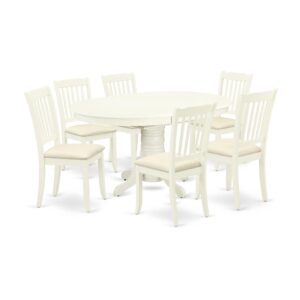 The gorgeous AVDA7-LWH-C dinette set includes a medium size dining table and six kitchen chairs brings an affectionate family feeling in the kitchen space. A comfy and luxurious Linen White color offers any dining-room a relaxing and friendly feel with this particular kitchen table. The oval shape table features a pedestal base that will furnish your dining area with a sophisticated look. With a soft rounded bevel at the edge of the table top