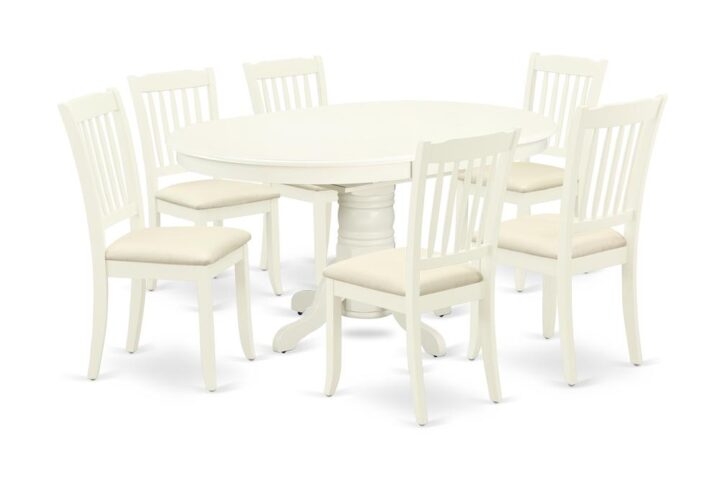The gorgeous AVDA7-LWH-C dinette set includes a medium size dining table and six kitchen chairs brings an affectionate family feeling in the kitchen space. A comfy and luxurious Linen White color offers any dining-room a relaxing and friendly feel with this particular kitchen table. The oval shape table features a pedestal base that will furnish your dining area with a sophisticated look. With a soft rounded bevel at the edge of the table top