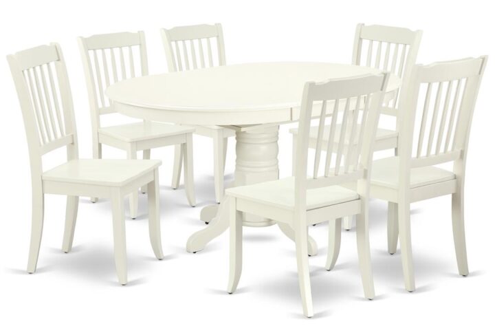 The AVDA7-LWH-W kitchen dinette set brings an affectionate family feeling in the kitchen space. A comfy and luxurious Linen White color offers any dining area a relaxing and friendly feel with the medium dinette table. The Oval Shaped table features a pedestal base that will furnish your dining area with a sophisticated look. With a soft rounded bevel at the edge of the table top