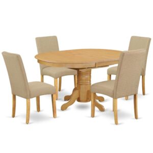 The AVDR5-OAK-16 kitchen dinette set brings an affectionate family feeling in the kitchen space. A comfy and elegant Oak color offers any dining area a relaxing and friendly feel with the medium dinette table. The Oval Shaped wooden table features a pedestal base that will furnish your dining area with a sophisticated look. This well-designed and comfortable kitchen table may be used for hours at a time. This spectacular slick kitchen table makes a really good addition for all kitchen space and corresponds all sorts of dining-room concepts. No heat treated pressured wood like MDF