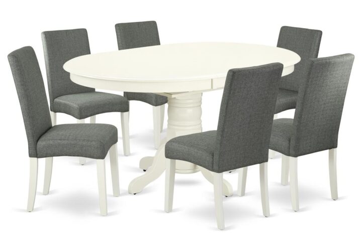 The AVDR7-LWH-07 kitchen dinette set brings an affectionate family feeling in the kitchen space. A comfy and luxurious Linen White color offers any dining area a relaxing and friendly feel with the medium dinette table. The Oval Shaped table features a pedestal base that will furnish your dining area with a sophisticated look. This well-designed and comfortable kitchen table may be used for hours at a time. This spectacular slick kitchen table makes a really good addition for all kitchen space and corresponds all sorts of dining-room concepts. No heat treated pressured wood like MDF
