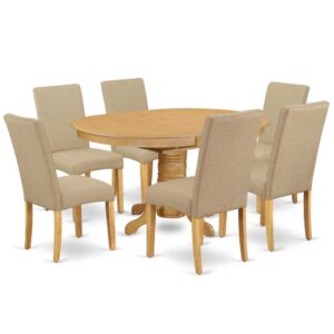 The AVDR7-OAK-16 kitchen dinette set brings an affectionate family feeling in the kitchen space. A comfy and elegant Oak color offers any dining area a relaxing and friendly feel with the medium dinette table. The Oval Shaped wooden table features a pedestal base that will furnish your dining area with a sophisticated look. This well-designed and comfortable kitchen table may be used for hours at a time. This spectacular slick kitchen table makes a really good addition for all kitchen space and corresponds all sorts of dining-room concepts. No heat treated pressured wood like MDF