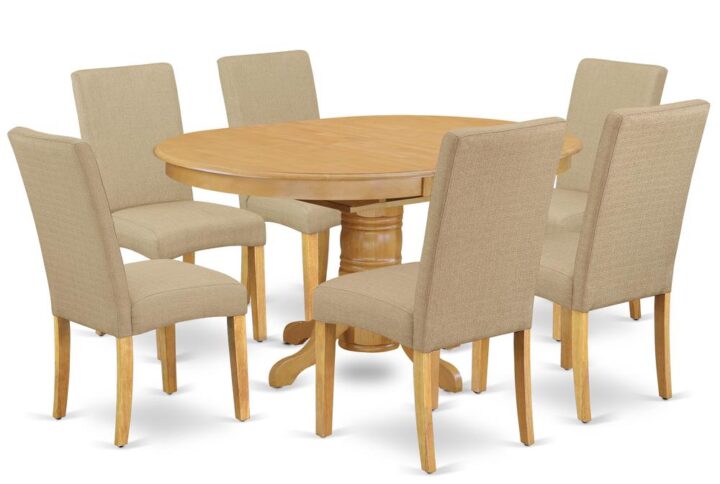 The AVDR7-OAK-16 kitchen dinette set brings an affectionate family feeling in the kitchen space. A comfy and elegant Oak color offers any dining area a relaxing and friendly feel with the medium dinette table. The Oval Shaped wooden table features a pedestal base that will furnish your dining area with a sophisticated look. This well-designed and comfortable kitchen table may be used for hours at a time. This spectacular slick kitchen table makes a really good addition for all kitchen space and corresponds all sorts of dining-room concepts. No heat treated pressured wood like MDF
