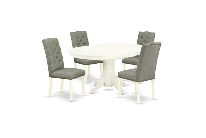 East West Furniture 5-Piece dining table set including 4 parson chairs and a butterfly leaf round luxurious dining table will boost the luxury of your dining area or kitchen areas. This wooden dining table set is made of strong Asian wood