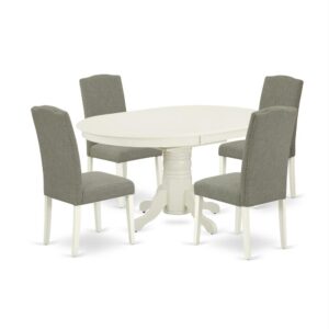 The AVEN5-LWH-06 kitchen dinette set brings an affectionate family feeling in the kitchen space. A comfy and luxurious Linen White color offers any dining area a relaxing and friendly feel with the medium dinette table. The oval shaped dining table features a pedestal base that will furnish your dining area with a sophisticated look. This well-designed and comfortable kitchen table may be used for hours at a time. This spectacular slick kitchen table makes a really good addition for all kitchen space and corresponds all sorts of dining-room concepts. No heat treated pressured wood like MDF