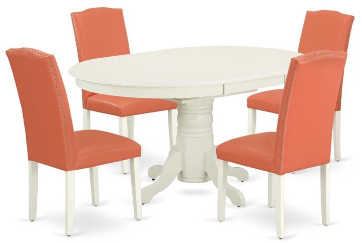 The AVEN5-LWH-78 kitchen dinette set brings an affectionate family feeling in the kitchen space. A comfy and luxurious Linen White color offers any dining area a relaxing and friendly feel with the medium dinette table. The oval shaped dining table features a pedestal base that will furnish your dining area with a sophisticated look. This well-designed and comfortable kitchen table may be used for hours at a time. This spectacular slick kitchen table makes a really good addition for all kitchen space and corresponds all sorts of dining-room concepts. No heat treated pressured wood like MDF