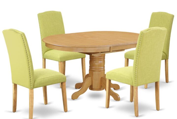 The AVEN5-OAK-07 kitchen dinette set brings an affectionate family feeling in the kitchen space. A comfy and elegant Oak color offers any dining area a relaxing and friendly feel with the medium dinette table. The oval shaped dining table features a pedestal base that will furnish your dining area with a sophisticated look. This well-designed and comfortable kitchen table may be used for hours at a time. This spectacular slick kitchen table makes a really good addition for all kitchen space and corresponds all sorts of dining-room concepts. No heat treated pressured wood like MDF