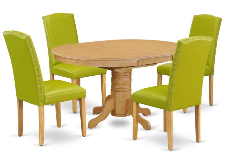 The AVEN5-OAK-51 kitchen dinette set brings an affectionate family feeling in the kitchen space. A comfy and elegant Oak color offers any dining area a relaxing and friendly feel with the medium dinette table. The oval shaped dining table features a pedestal base that will furnish your dining area with a sophisticated look. This well-designed and comfortable kitchen table may be used for hours at a time. This spectacular slick kitchen table makes a really good addition for all kitchen space and corresponds all sorts of dining-room concepts. No heat treated pressured wood like MDF