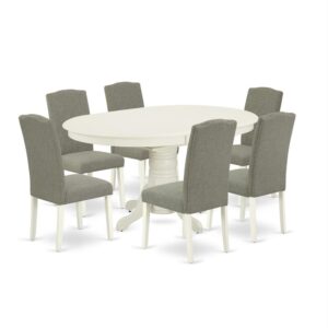 The AVEN7-LWH-06 kitchen dinette set brings an affectionate family feeling in the kitchen space. A comfy and luxurious Linen White color offers any dining area a relaxing and friendly feel with the medium dinette table. The oval shaped dining table features a pedestal base that will furnish your dining area with a sophisticated look. This well-designed and comfortable kitchen table may be used for hours at a time. This spectacular slick kitchen table makes a really good addition for all kitchen space and corresponds all sorts of dining-room concepts. No heat treated pressured wood like MDF