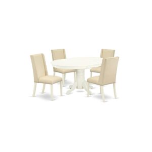 East West Furniture 5-Pc mid century dining table set including 4 modern dining chairs and a butterfly leaf round luxurious dinette table will increase the charm of your dining area or kitchen areas. Our round dinette set is made from strong Asian wood