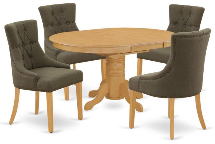 The gorgeous AVFR5-OAK-20 dinette set includes a medium size dining table and four parson chairs brings an affectionate family feeling in the kitchen space. A comfy and elegant Oak color offers any dining-room a relaxing and friendly feel with this particular kitchen table. The oval shape table features a pedestal base that will furnish your dining area with a sophisticated look. With a soft rounded bevel at the edge of the table top