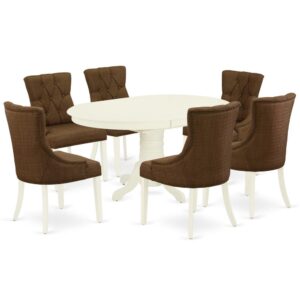 The gorgeous AVFR7-LWH-18 dinette set includes a medium size dining table and six parson chairs brings an affectionate family feeling in the kitchen space. A comfy and luxurious Linen White color offers any dining-room a relaxing and friendly feel with this particular kitchen table. The oval shape table features a pedestal base that will furnish your dining area with a sophisticated look. With a soft rounded bevel at the edge of the table top