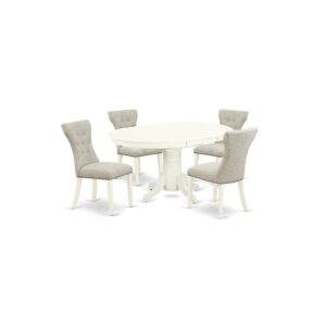 East West Furniture 5-Piece dining kitchen table set including 4 parson chairs and a round luxurious butterfly leaf dinette table will improve the beauty of your dining room or kitchen areas. This dining table set is manufactured from solid Asian wood