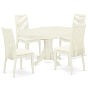 The gorgeous AVIP5-LWH-C dinette set includes a medium size dining table and four kitchen chairs brings an affectionate family feeling in the kitchen space. A comfy and luxurious Linen White color offers any dining-room a relaxing and friendly feel with this particular kitchen table. The oval shape table features a pedestal base that will furnish your dining area with a sophisticated look. With a soft rounded bevel at the edge of the table top