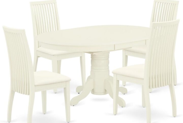 The gorgeous AVIP5-LWH-C dinette set includes a medium size dining table and four kitchen chairs brings an affectionate family feeling in the kitchen space. A comfy and luxurious Linen White color offers any dining-room a relaxing and friendly feel with this particular kitchen table. The oval shape table features a pedestal base that will furnish your dining area with a sophisticated look. With a soft rounded bevel at the edge of the table top