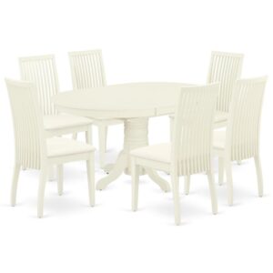 The gorgeous AVIP7-LWH-C dinette set includes a medium size dining table and six kitchen chairs brings an affectionate family feeling in the kitchen space. A comfy and luxurious Linen White color offers any dining-room a relaxing and friendly feel with this particular kitchen table. The oval shape table features a pedestal base that will furnish your dining area with a sophisticated look. With a soft rounded bevel at the edge of the table top