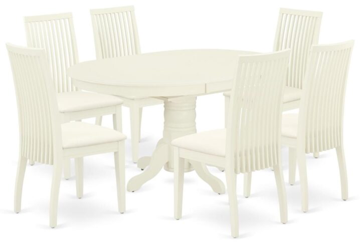 The gorgeous AVIP7-LWH-C dinette set includes a medium size dining table and six kitchen chairs brings an affectionate family feeling in the kitchen space. A comfy and luxurious Linen White color offers any dining-room a relaxing and friendly feel with this particular kitchen table. The oval shape table features a pedestal base that will furnish your dining area with a sophisticated look. With a soft rounded bevel at the edge of the table top