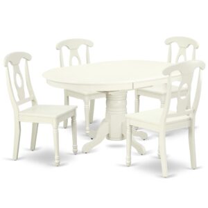 The AVKE5-LWH-W kitchen dinette set brings an affectionate family feeling in the kitchen space. A comfy and luxurious Linen White color offers any dining area a relaxing and friendly feel with the medium dinette table. The Oval Shaped table features a pedestal base that will furnish your dining area with a sophisticated look. With a soft rounded bevel at the edge of the table top