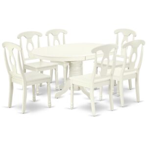 The AVKE7-LWH-W kitchen dinette set brings an affectionate family feeling in the kitchen space. A comfy and luxurious Linen White color offers any dining area a relaxing and friendly feel with the medium dinette table. The Oval Shaped table features a pedestal base that will furnish your dining area with a sophisticated look. With a soft rounded bevel at the edge of the table top