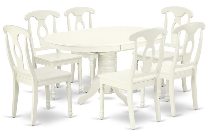 The AVKE7-LWH-W kitchen dinette set brings an affectionate family feeling in the kitchen space. A comfy and luxurious Linen White color offers any dining area a relaxing and friendly feel with the medium dinette table. The Oval Shaped table features a pedestal base that will furnish your dining area with a sophisticated look. With a soft rounded bevel at the edge of the table top