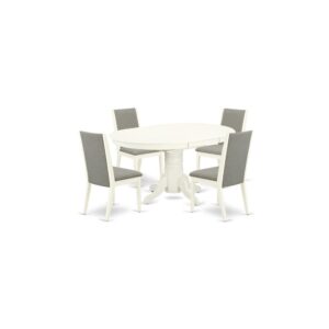 East West Furniture 5-Pc dining set including 4 parsons chairs and a round luxurious butterfly leaf dining room table will boost the luxury of your dining room or kitchen areas. This dinette set is crafted from solid Asian wood