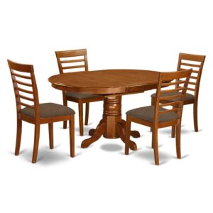 The dinette table set having built in self storage extension leaf that fits 4 to 6 people.A slick solid wood table top with strong carved pedestal support. Beveled oval design to create warm kitchen atmospherePolished in rich Saddle Brown Color