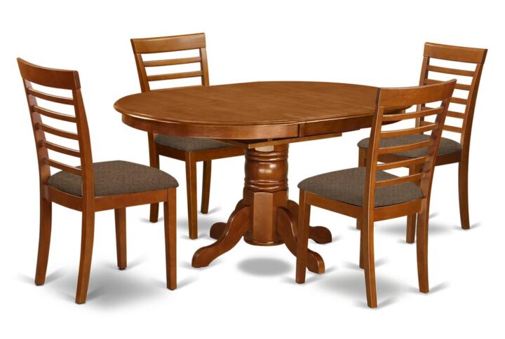 The dinette table set having built in self storage extension leaf that fits 4 to 6 people.A slick solid wood table top with strong carved pedestal support. Beveled oval design to create warm kitchen atmospherePolished in rich Saddle Brown Color