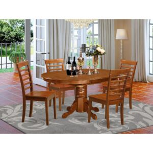 The dinette table set with built-in self storing expansion leaf which will fits four to six persons.A dazzling solid wood table top with sturdy carved pedestal support. Beveled oval shape to create comfortable kitchen settingFinished in rich Saddle Brown Color