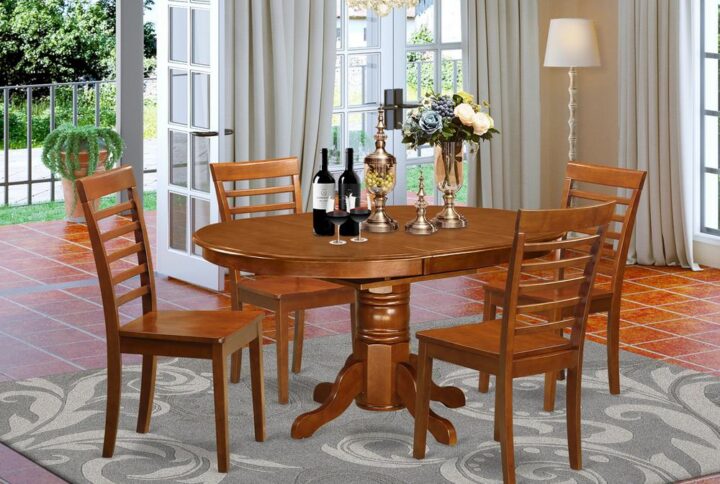 The dinette table set with built-in self storing expansion leaf which will fits four to six persons.A dazzling solid wood table top with sturdy carved pedestal support. Beveled oval shape to create comfortable kitchen settingFinished in rich Saddle Brown Color