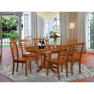 The dinette table set with in-built self storage expansion leaf that will fits four to six persons.A smooth solid wood tabletop with durable carved pedestal support. Beveled oval design to make warm and comfy kitchen environmentPolished in warm Saddle Brown color