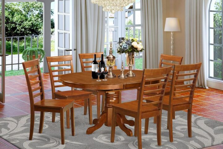 The dinette table set with in-built self storage expansion leaf that will fits four to six persons.A smooth solid wood tabletop with durable carved pedestal support. Beveled oval design to make warm and comfy kitchen environmentPolished in warm Saddle Brown color