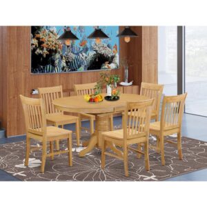 The table and chairs set is a 7-piece set of fantastic small kitchen table with a stronger carved pedestal support. The Beveled oval table completes with four long lasting dining room chairs that create cozy and comfortable kitchen space environment. The whole 7-piece Kitchen table set material is wood with a fantastic Oak finish; the dining room chairs offer classy carvings with solid Wooden seat providing sufficient support